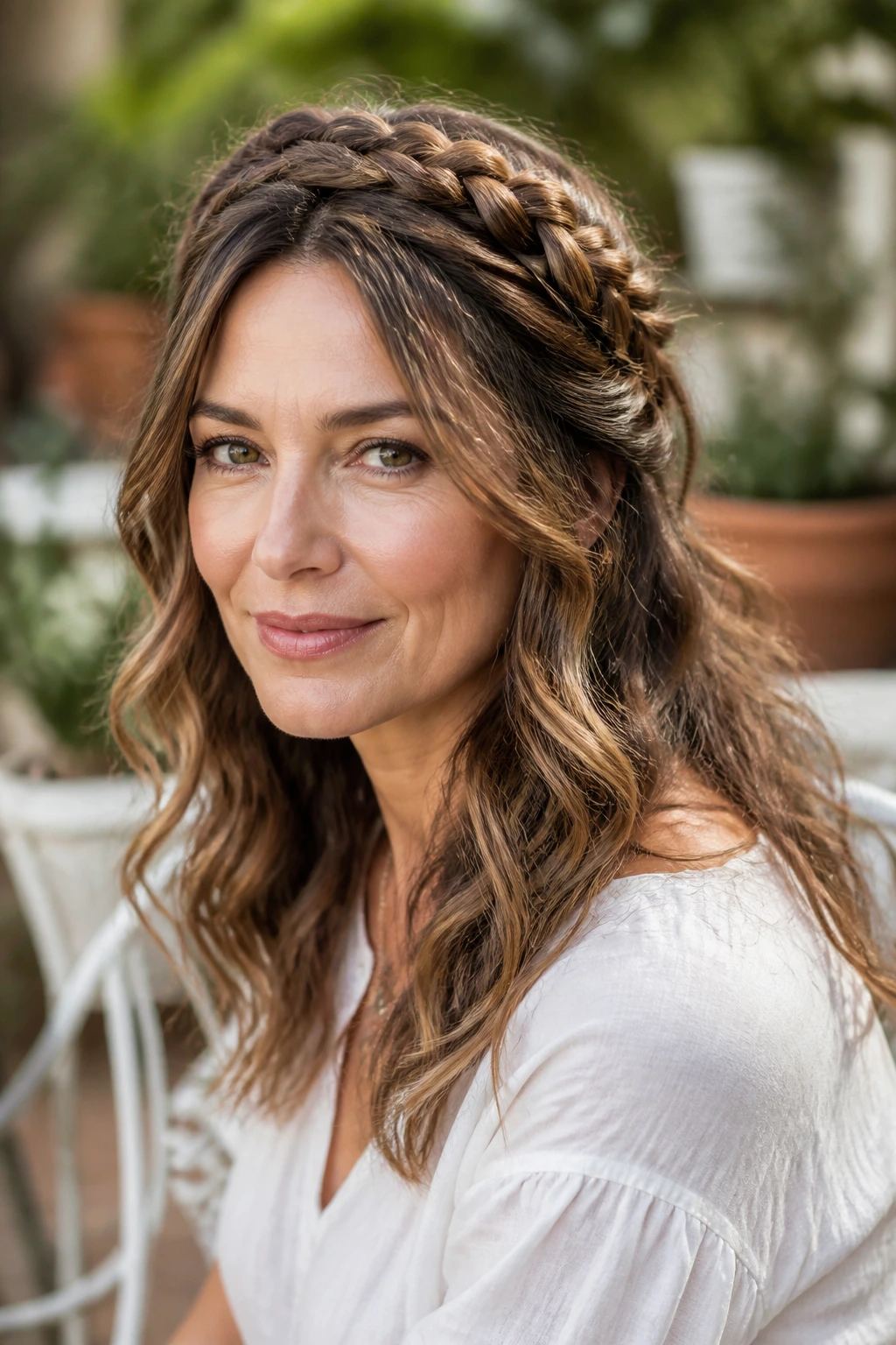 Front view of a real woman with a braided crown and loose waves