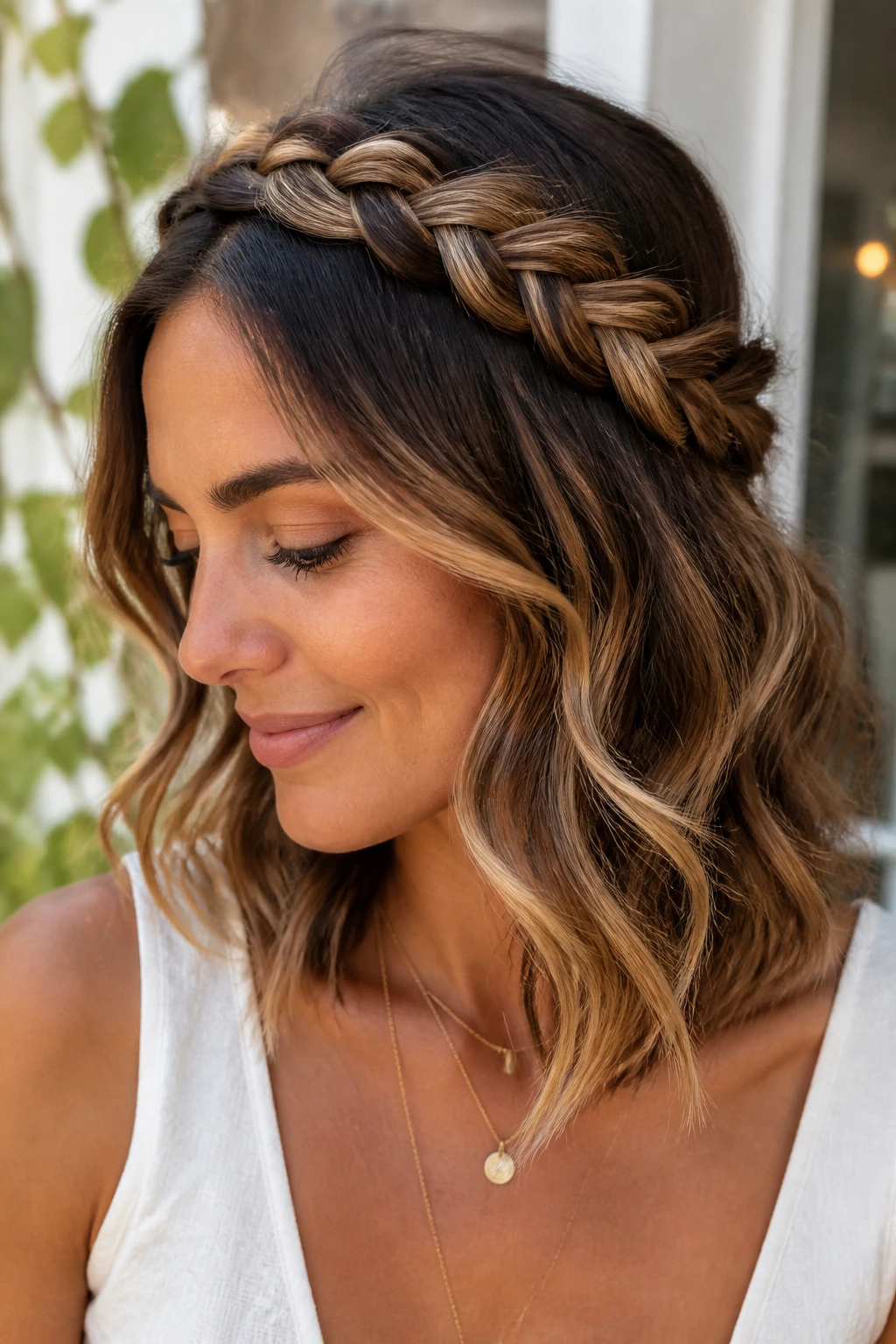 Close-up of a real woman with a crown braid and loose waves