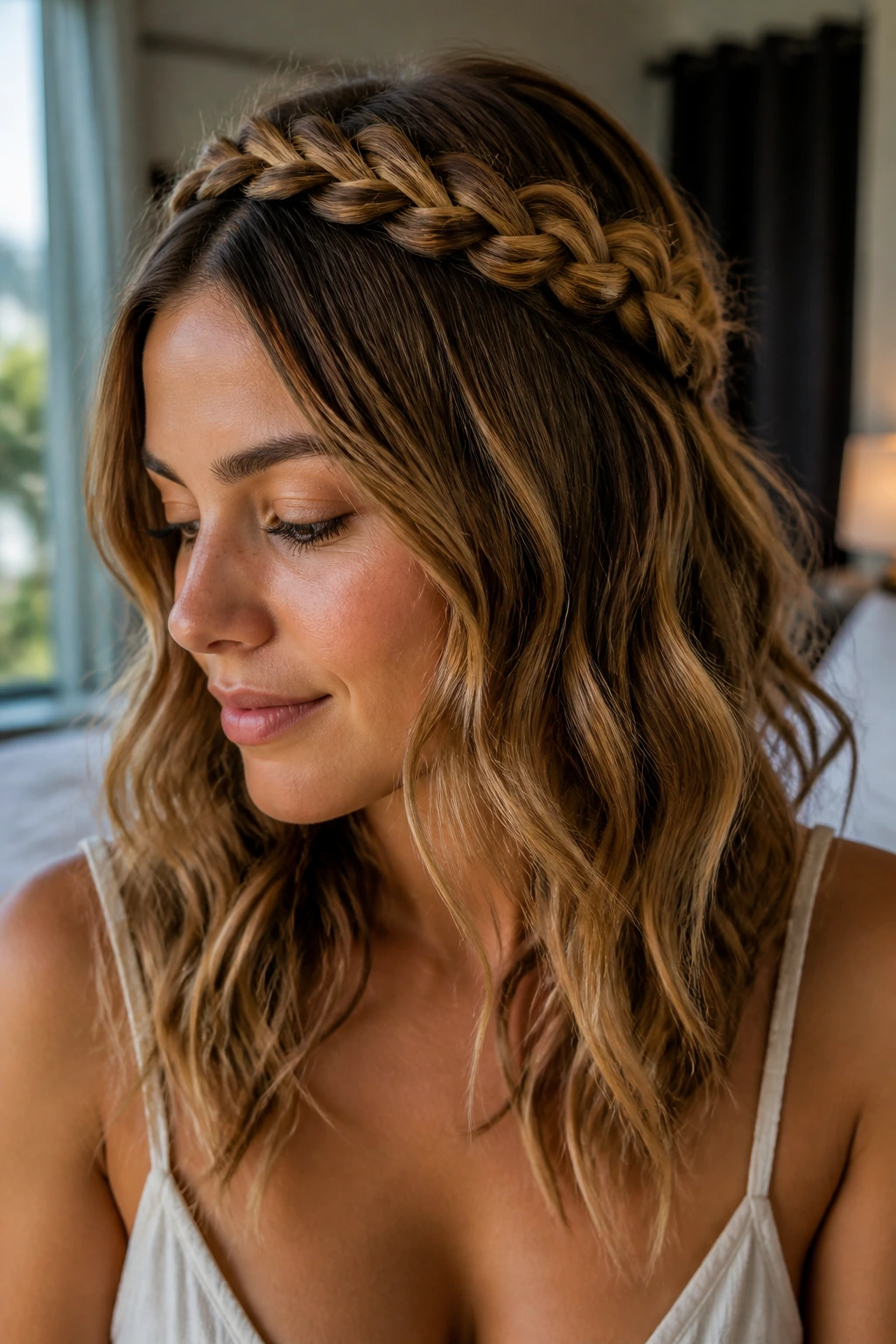 Close-up portrait of a real woman with a braided crown and loose beachy waves