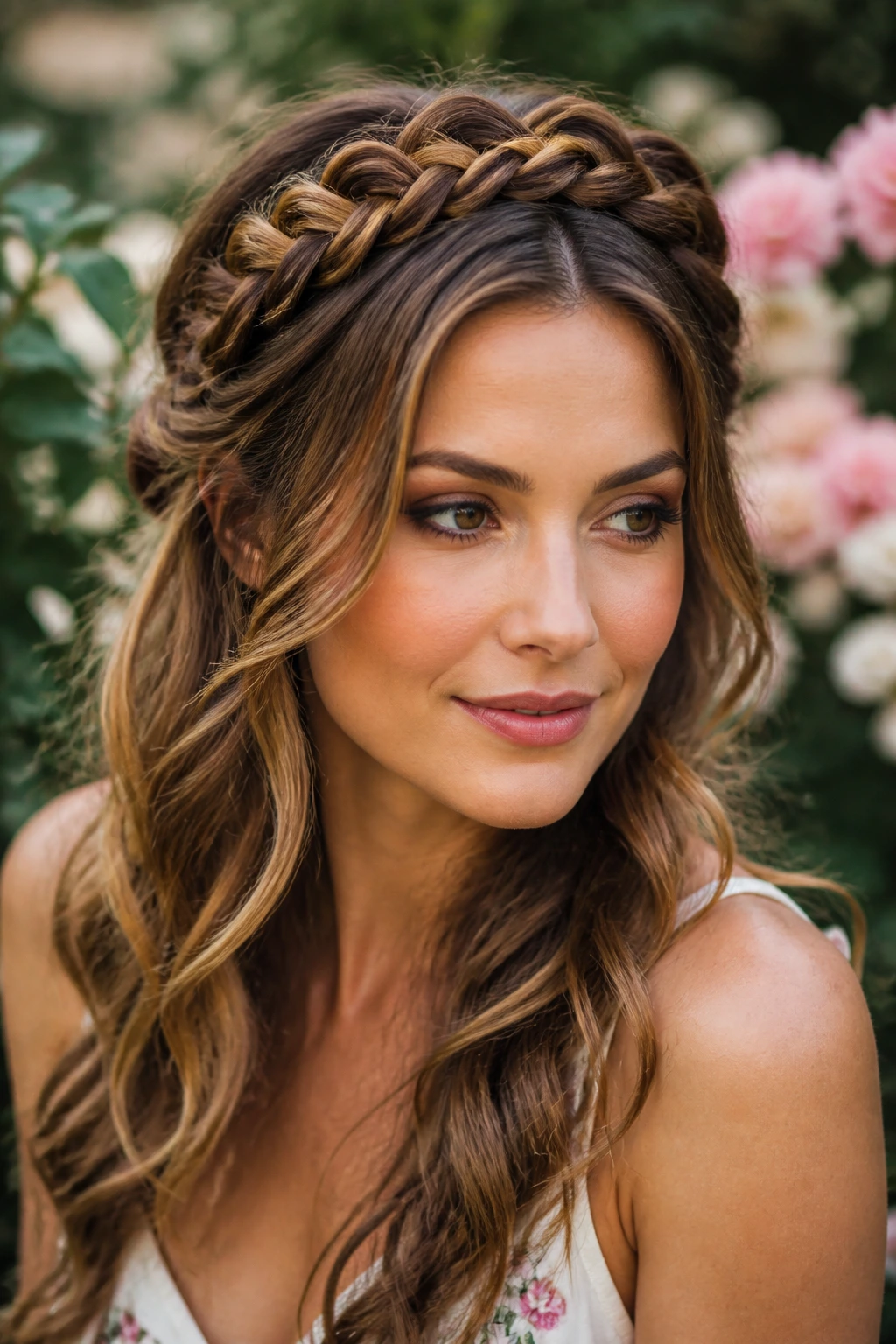 Close-up of a real woman with a braided crown and loose waves in a garden