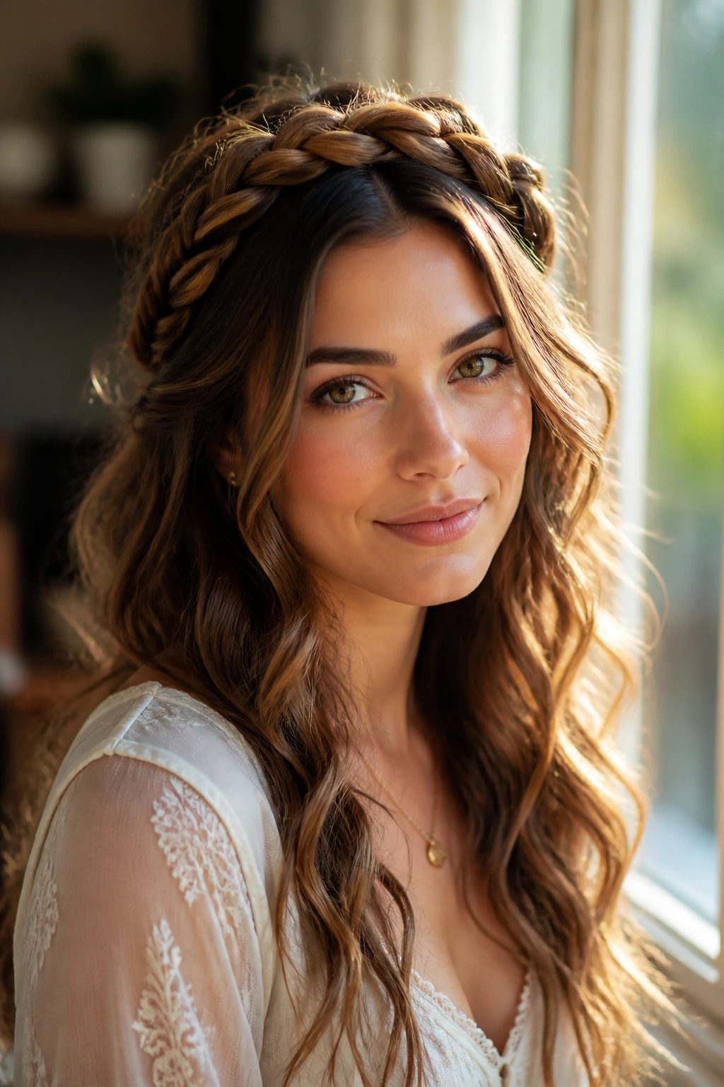 Close-up of a real woman with a braided crown and loose waves.