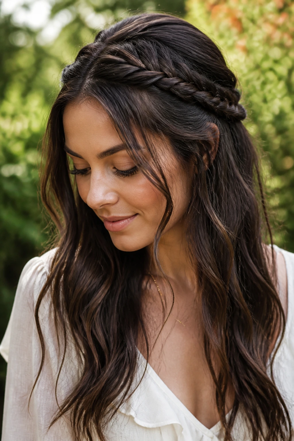 Close-up of real person with braided crown and wavy lengths