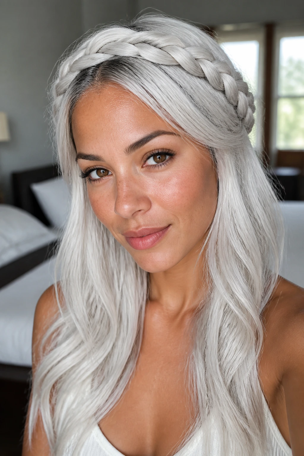 Close-up of a real woman with a braided crown on white-silver hair, medium skin tone in natural window light.