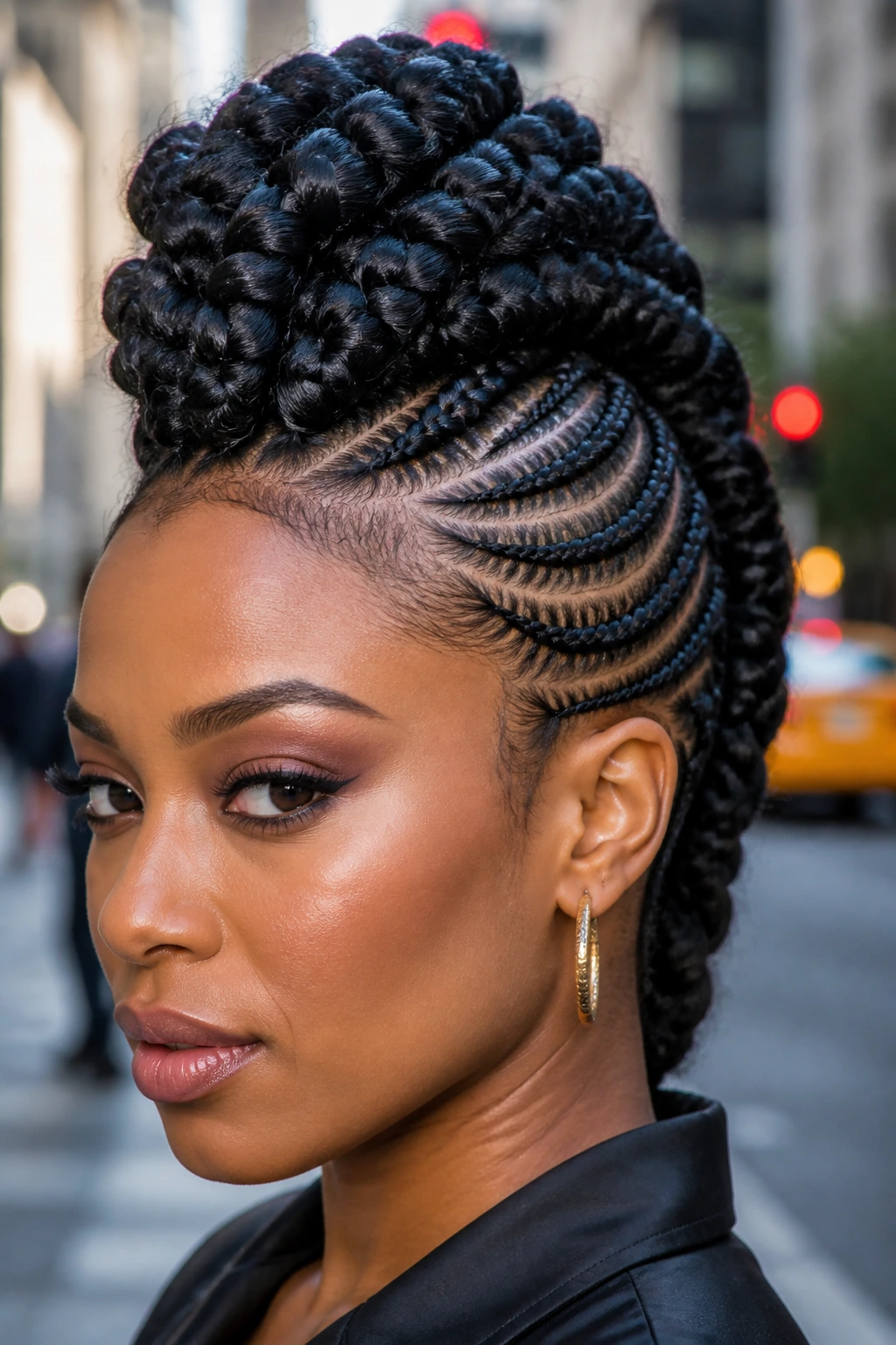 Braided faux hawk with center height and sculpted sides on a real person