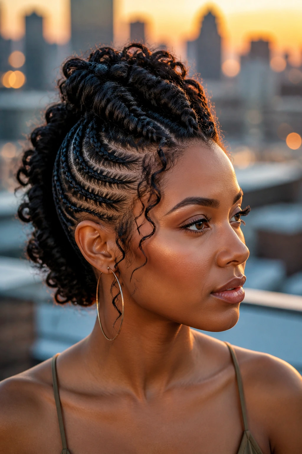 Close-up portrait of a real woman with Braided Faux Hawk featuring a high center braid and tight side braids.