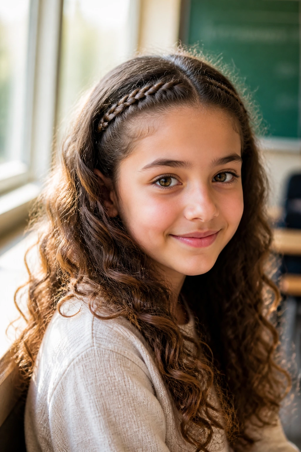 Girl with braided front accent and loose curls, portrait in classroom light