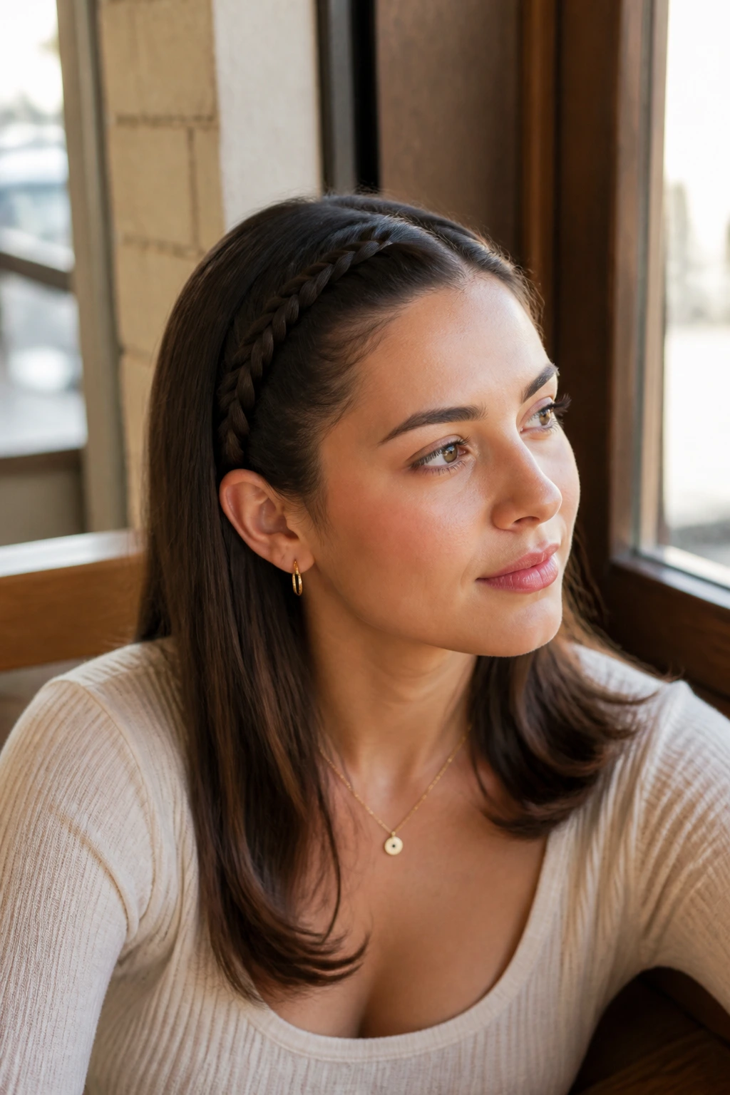 Close-up of a real woman with a thin braid at the hairline and straight hair.
