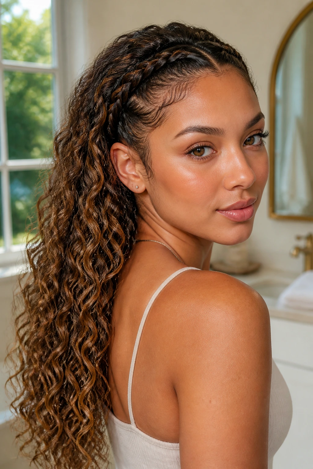 Close-up of a real woman with a front braid and back loose curls.