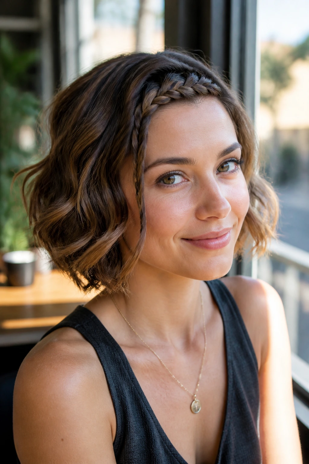 Close-up of a woman with a small front braid and loose wavy bob