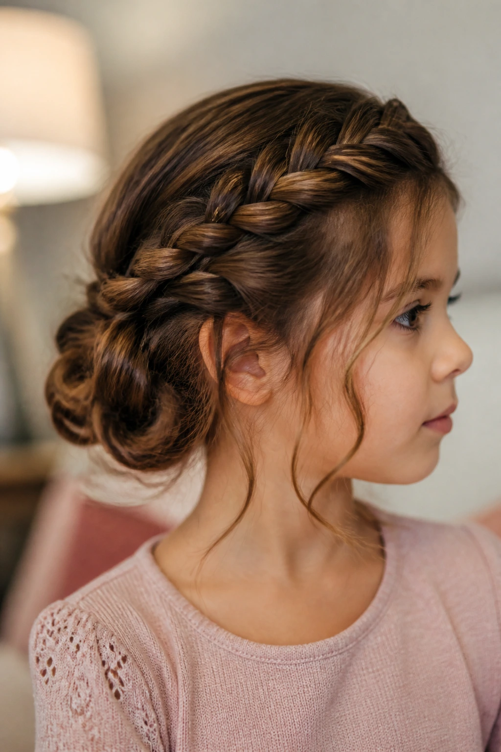 Real child with braided-front twist leading to a chignon at the back