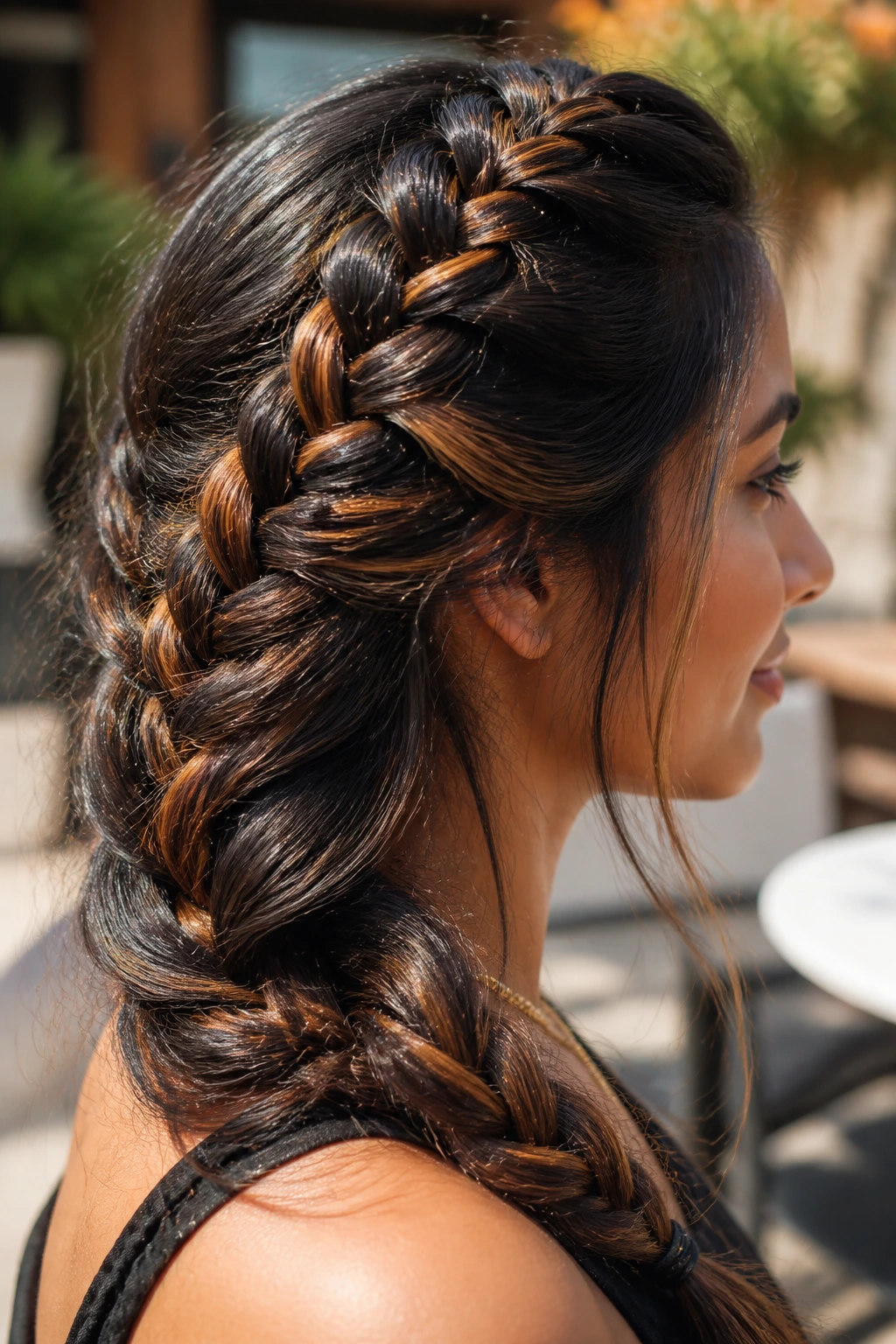 Dutch braid with golden threads on thick hair