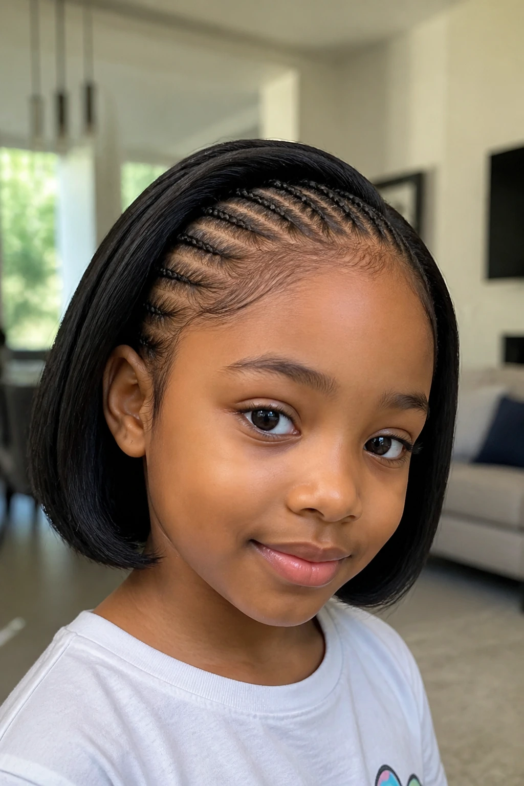 Close-up of a real child with slim front cornrows along the hairline