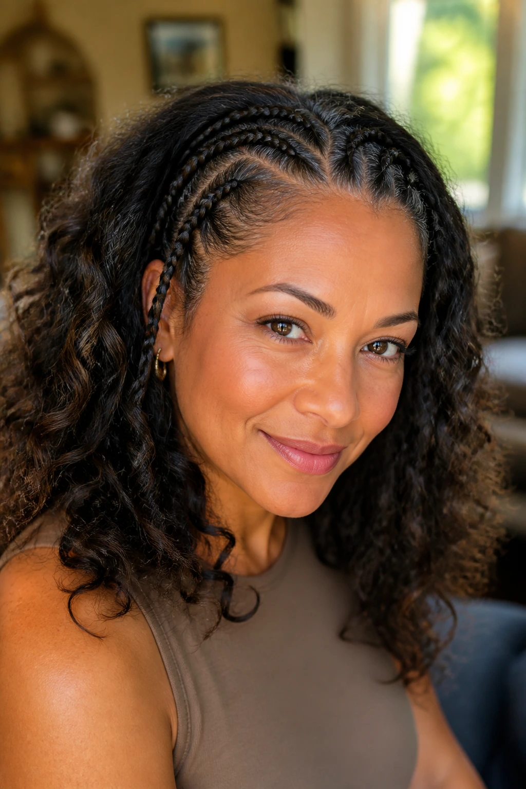 Close-up of braided hairline blending into open curls around the face