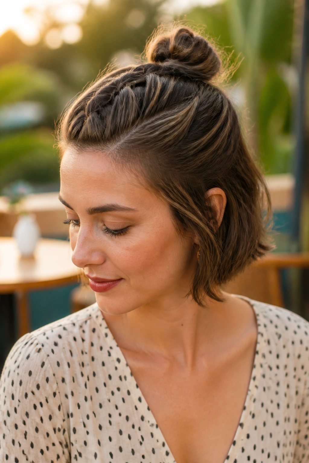 Braided half bun on short hair.