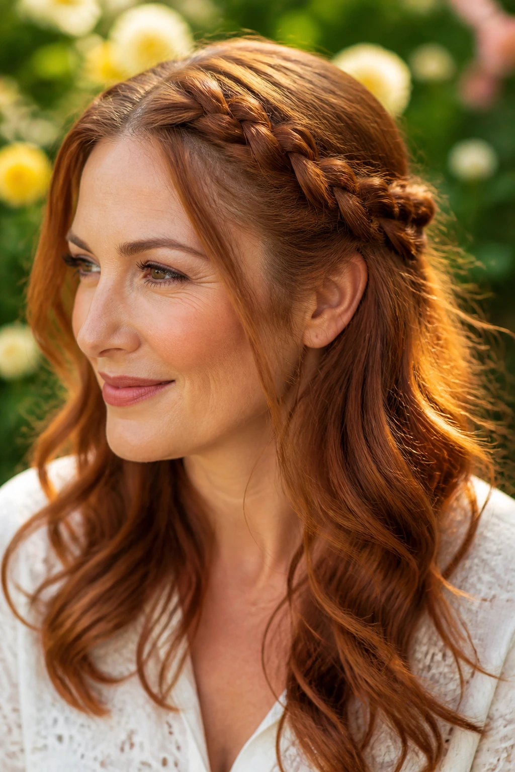 Close-up of a real woman wearing a braided half-crown on auburn hair.