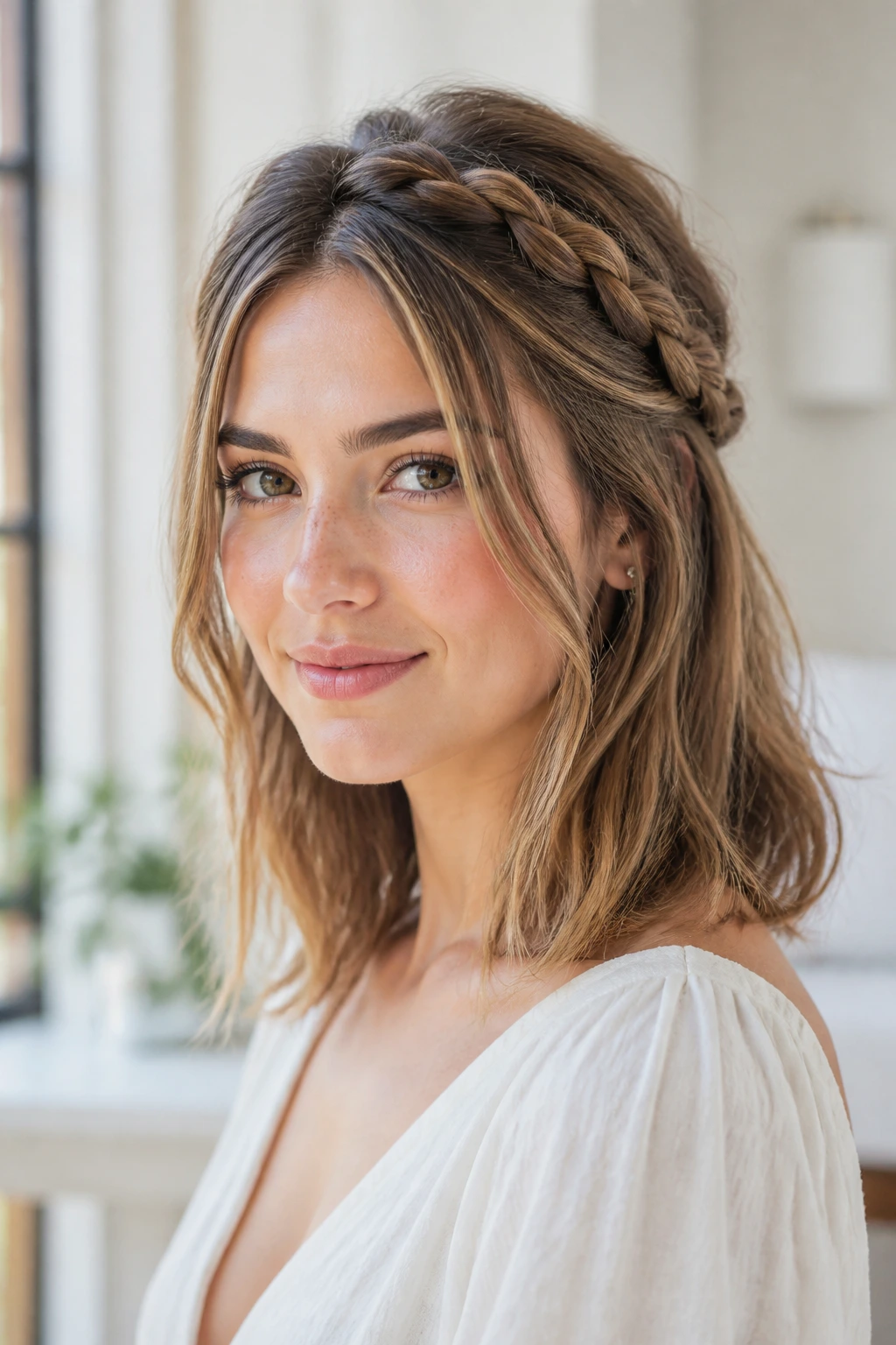 Portrait of a woman with loose braids forming a half-crown, keeping the front light on the cheeks.