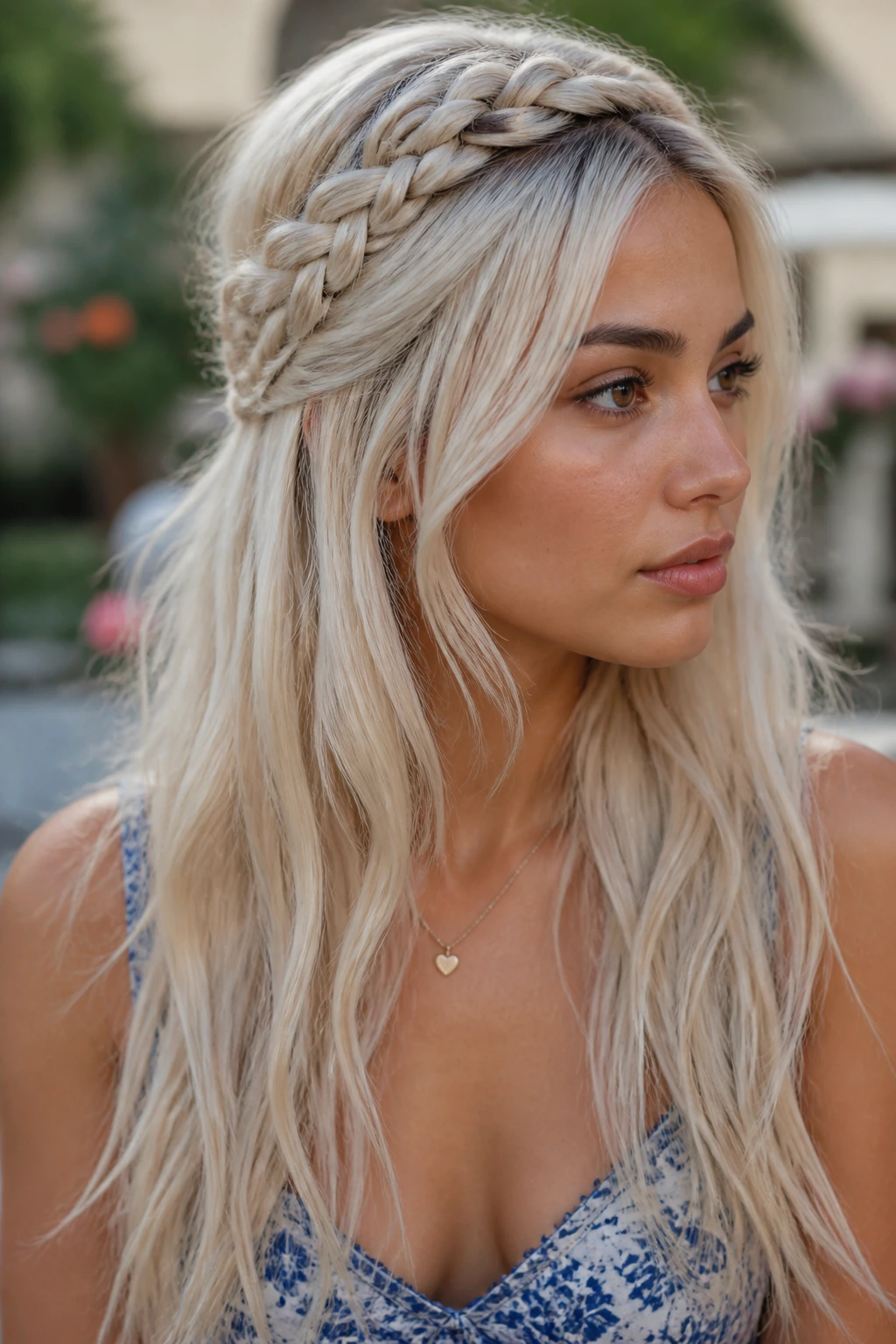 Portrait of a real woman wearing a braided half-crown with loose lengths in platinum