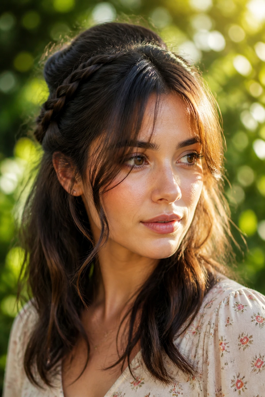 Real woman with braided half-up style and curtain fringe in a sunlit garden.