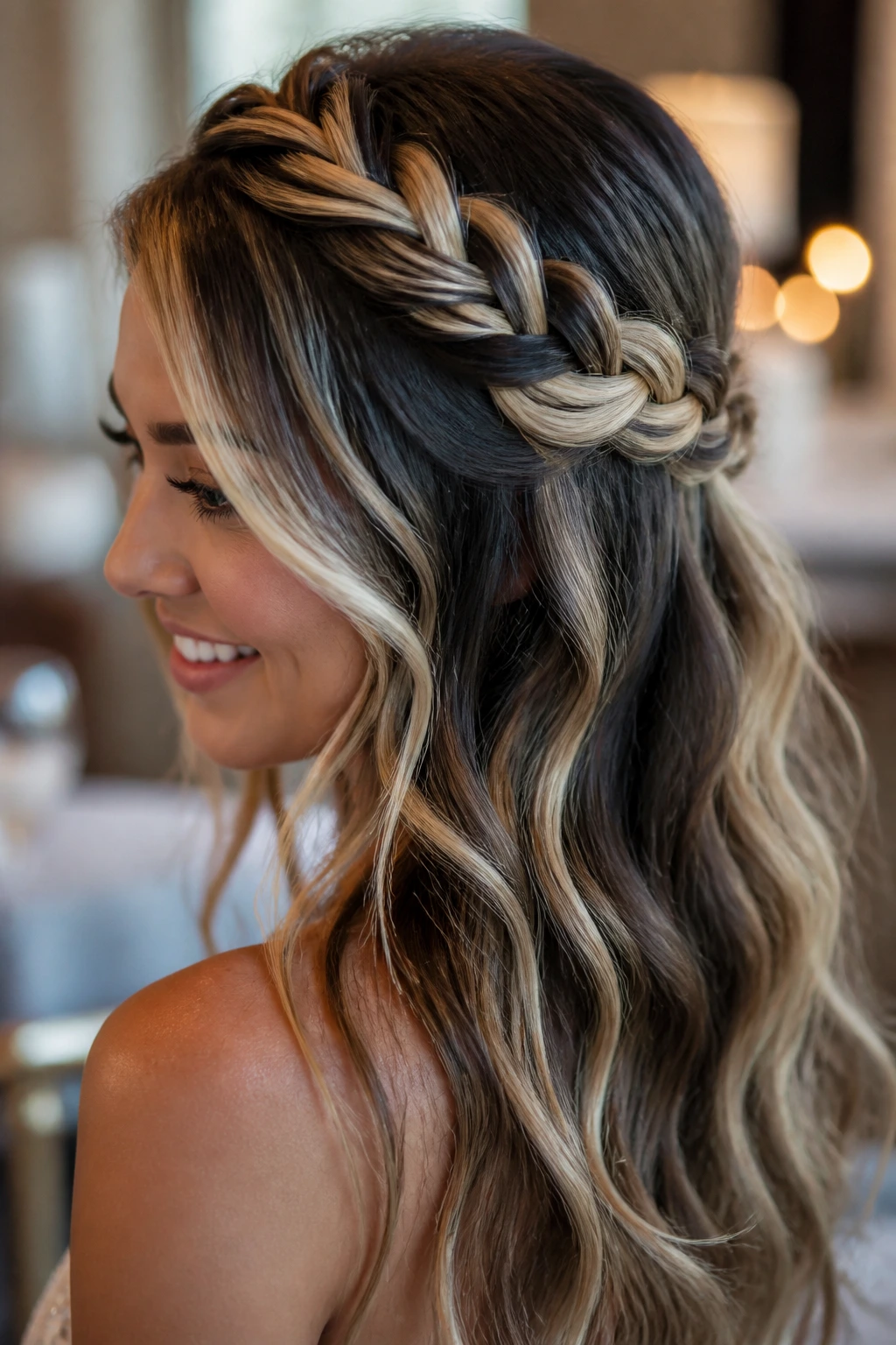 Close-up of a braided half-up hairstyle with dimensional blonde weave