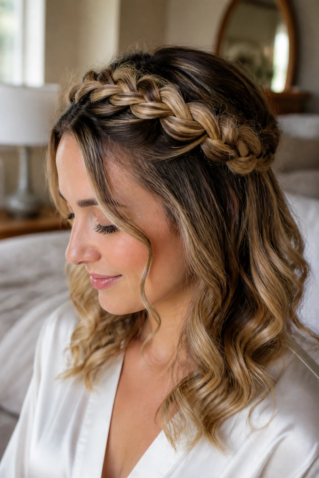 Halo braid around crown with loose curled ends on real person
