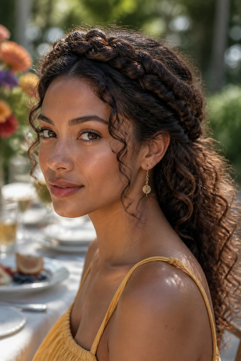 Real woman wearing a braided halo with loose ends around the crown
