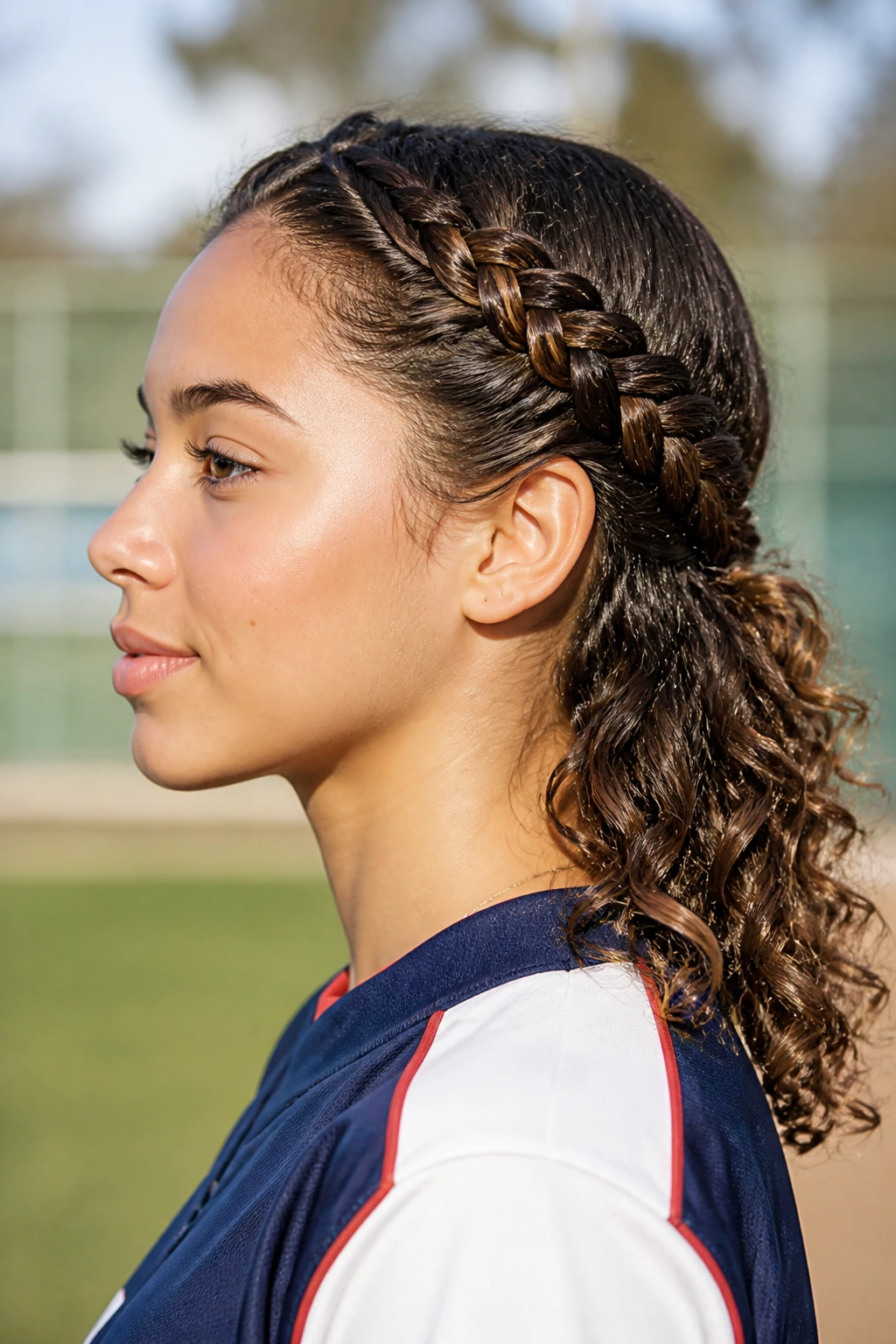 Side view of a player wearing a braided halo with free curly ends at the back