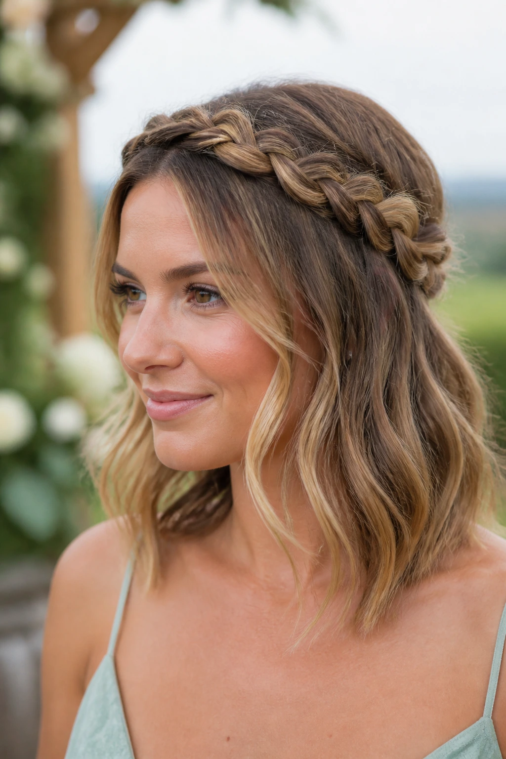 Close-up of Braided Halo with left-out ends on shoulder-length hair outdoors
