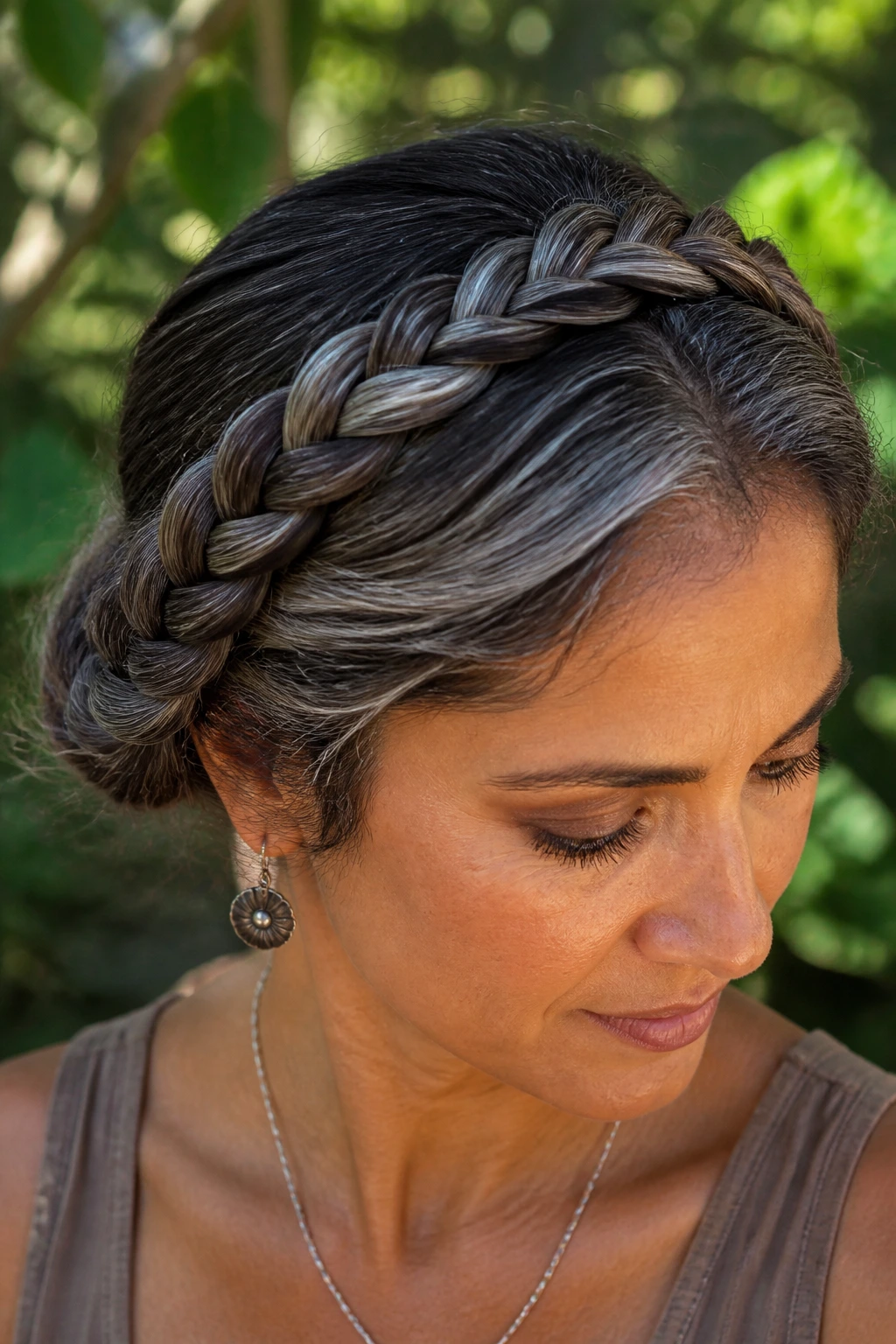 Real person with braided halo featuring grey ribbons, set in a sunlit garden background.