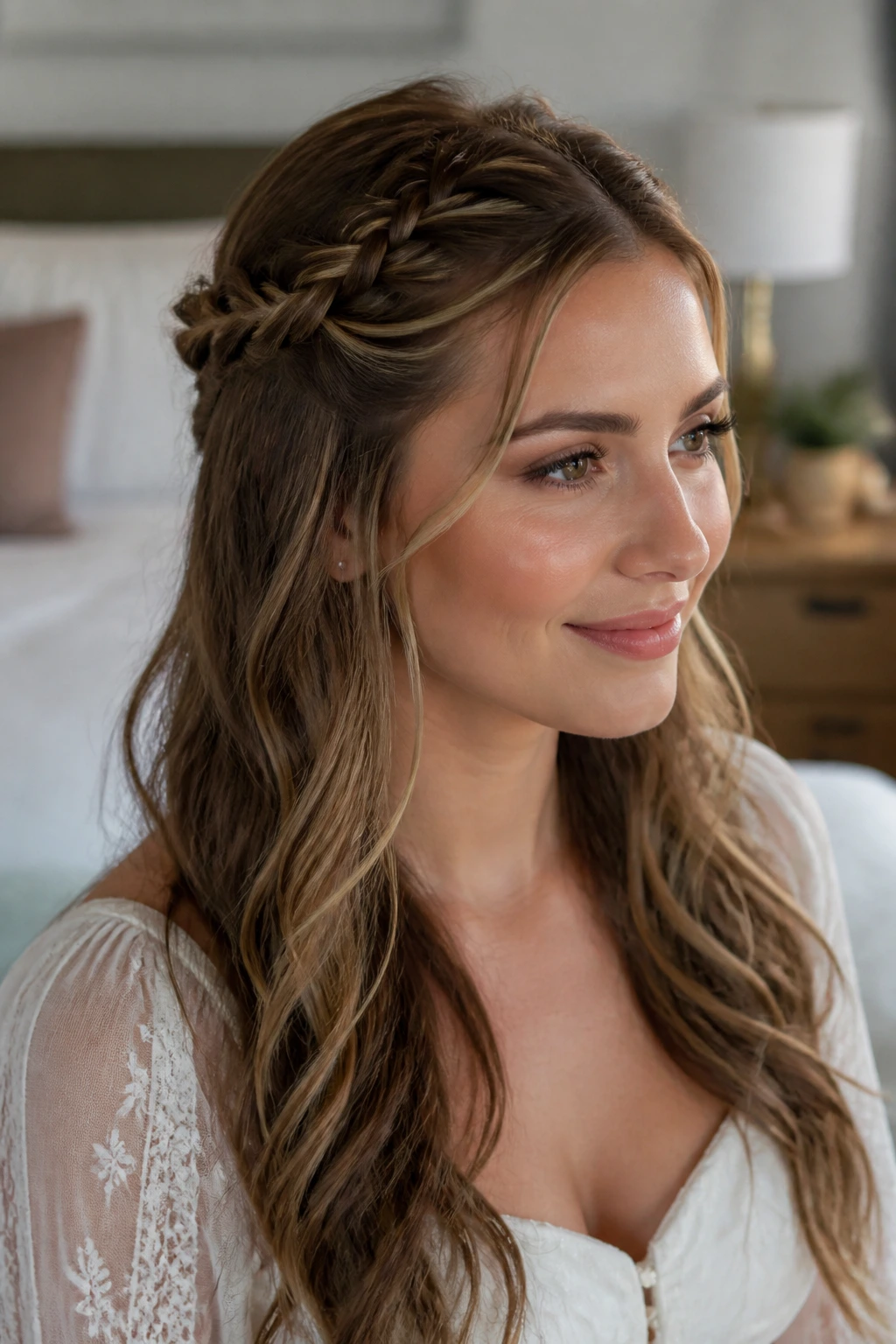 Close-up of a woman wearing a mini braided halo with loose crown