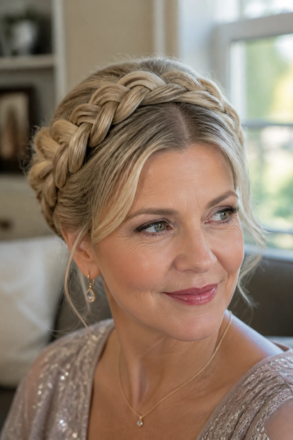 Close-up of a woman with a loose braided halo and center part