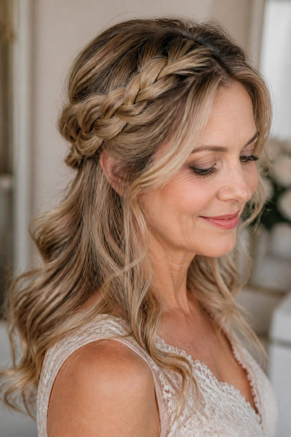 Portrait of a woman wearing a loose braided halo half-up hairstyle.