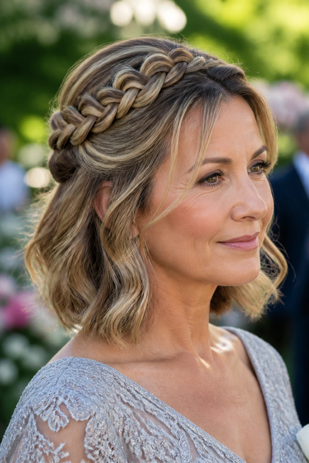 Close-up of a real woman with a braided halo half-up hairstyle in garden light