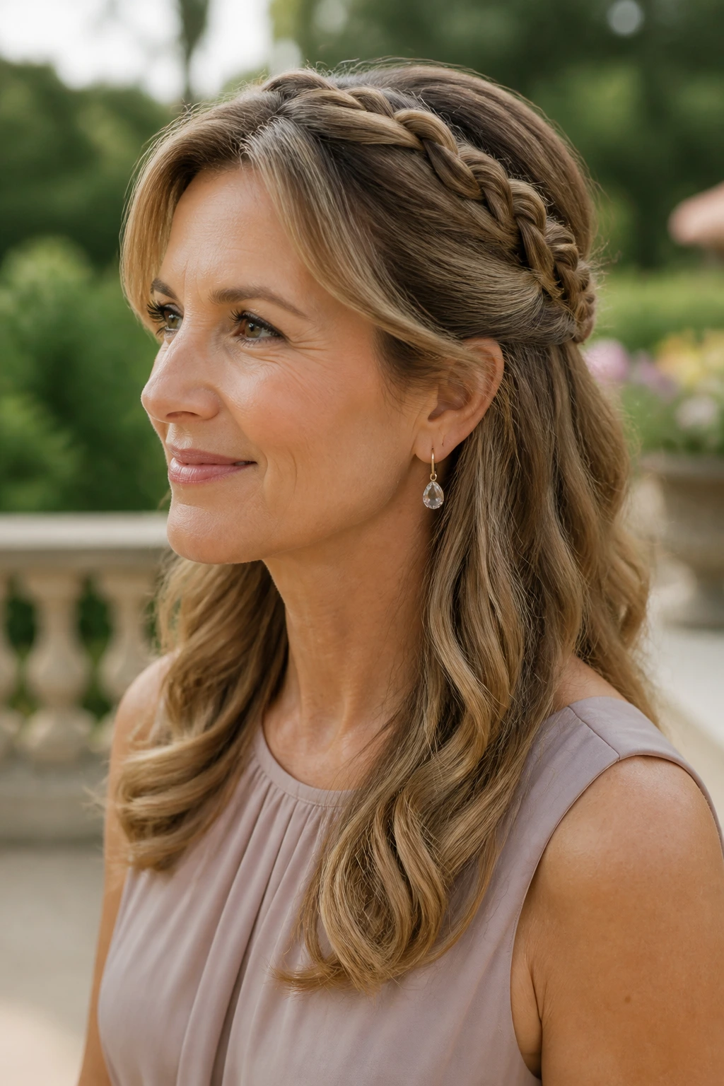 Close-up of a real woman with a halo braid and loose hair in a garden