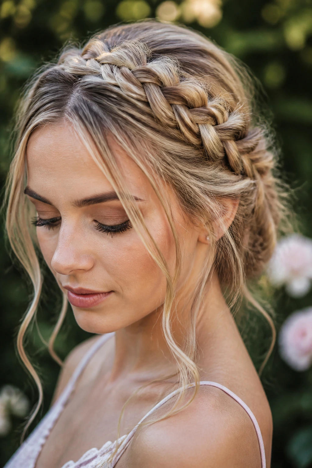 Real woman wearing a halo braid with loosened sections