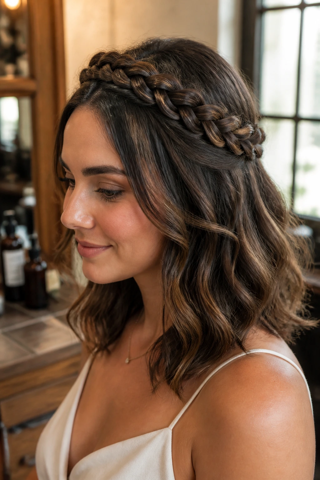 Real woman with halo braid around crown on shoulder-length hair.