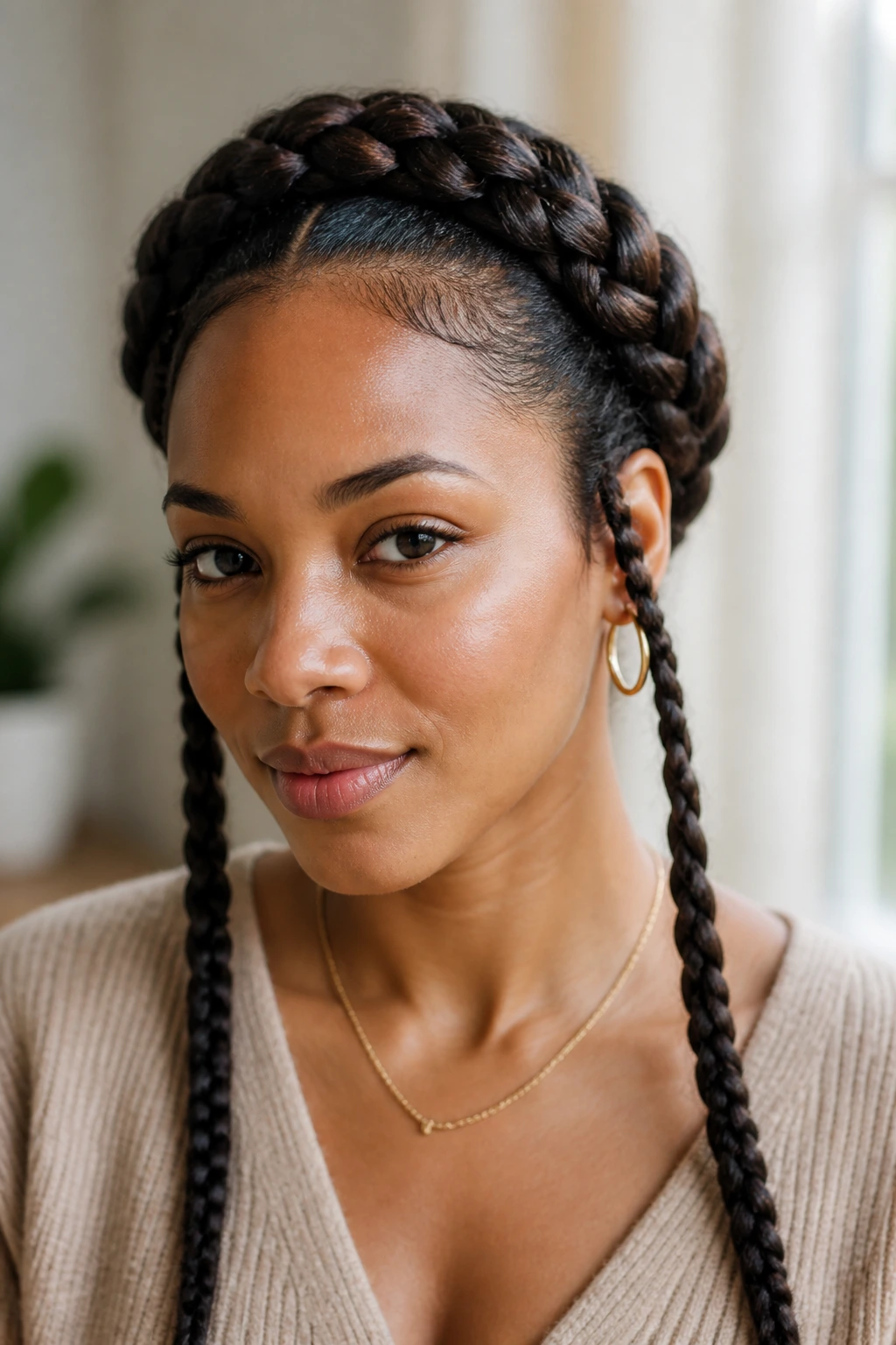 Close-up of a real woman with braided halo and side braids, crown-like lift