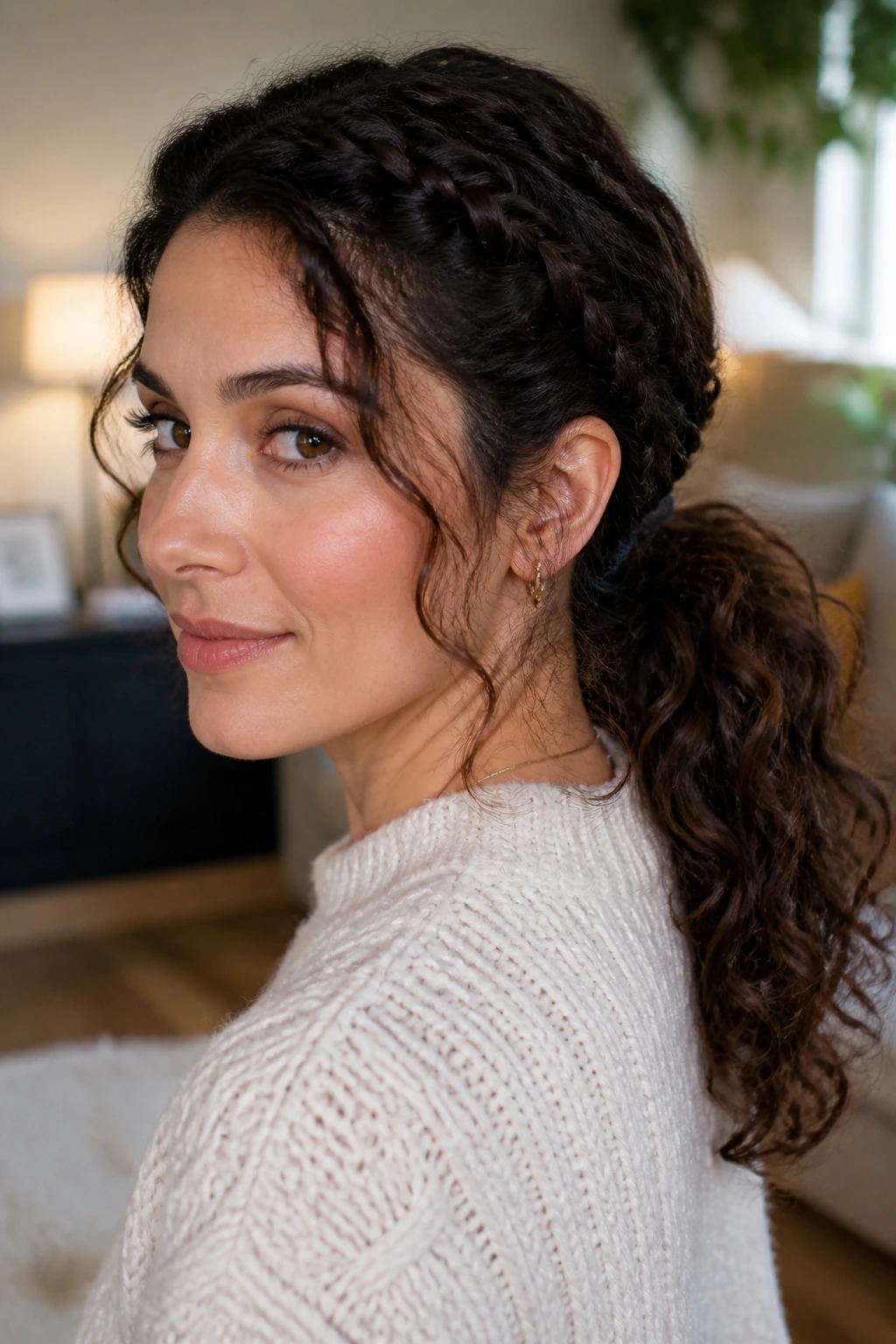 Close-up of a real woman with front braids feeding into a low halo tail.