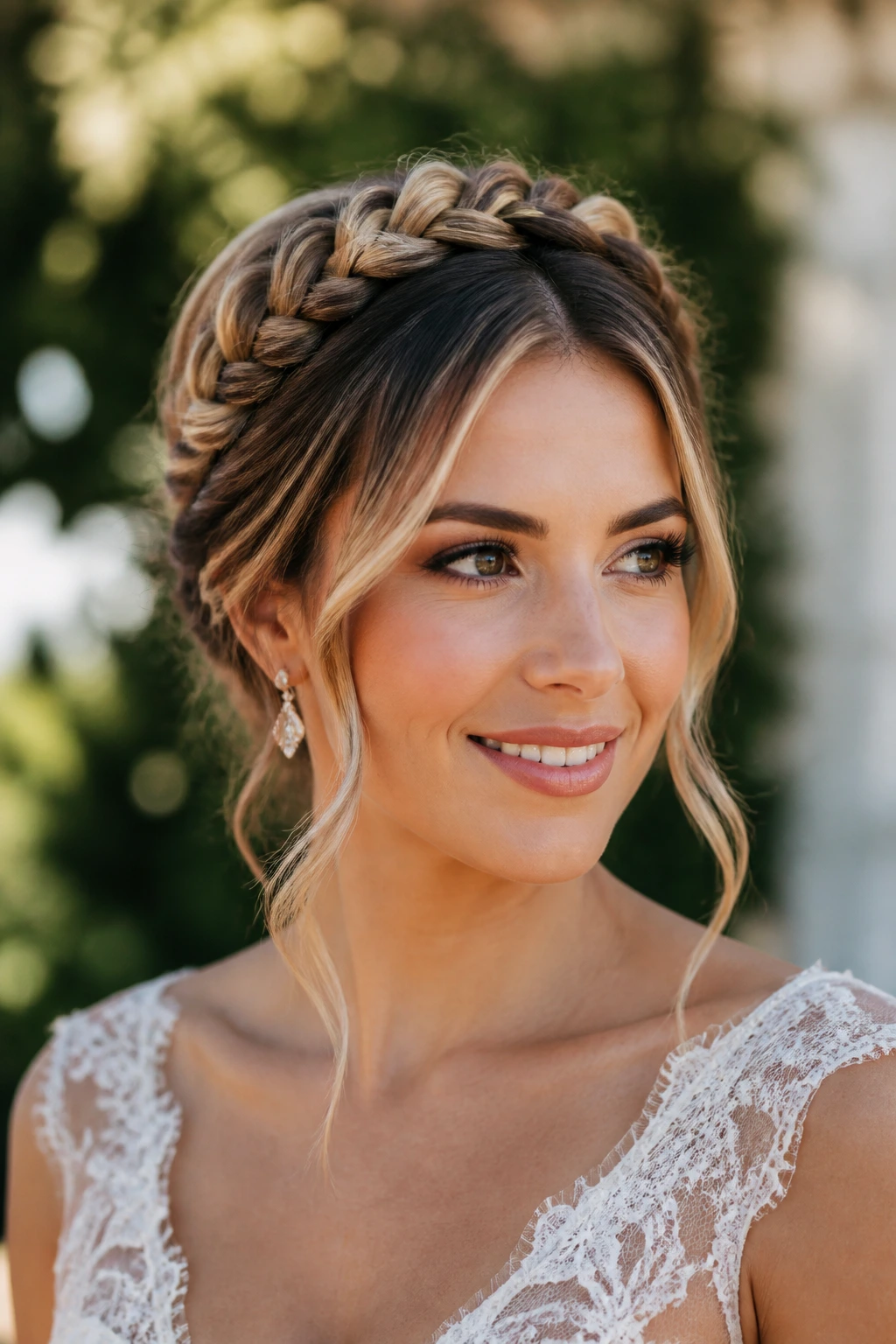 Bride with braided halo and soft tendrils framing the face