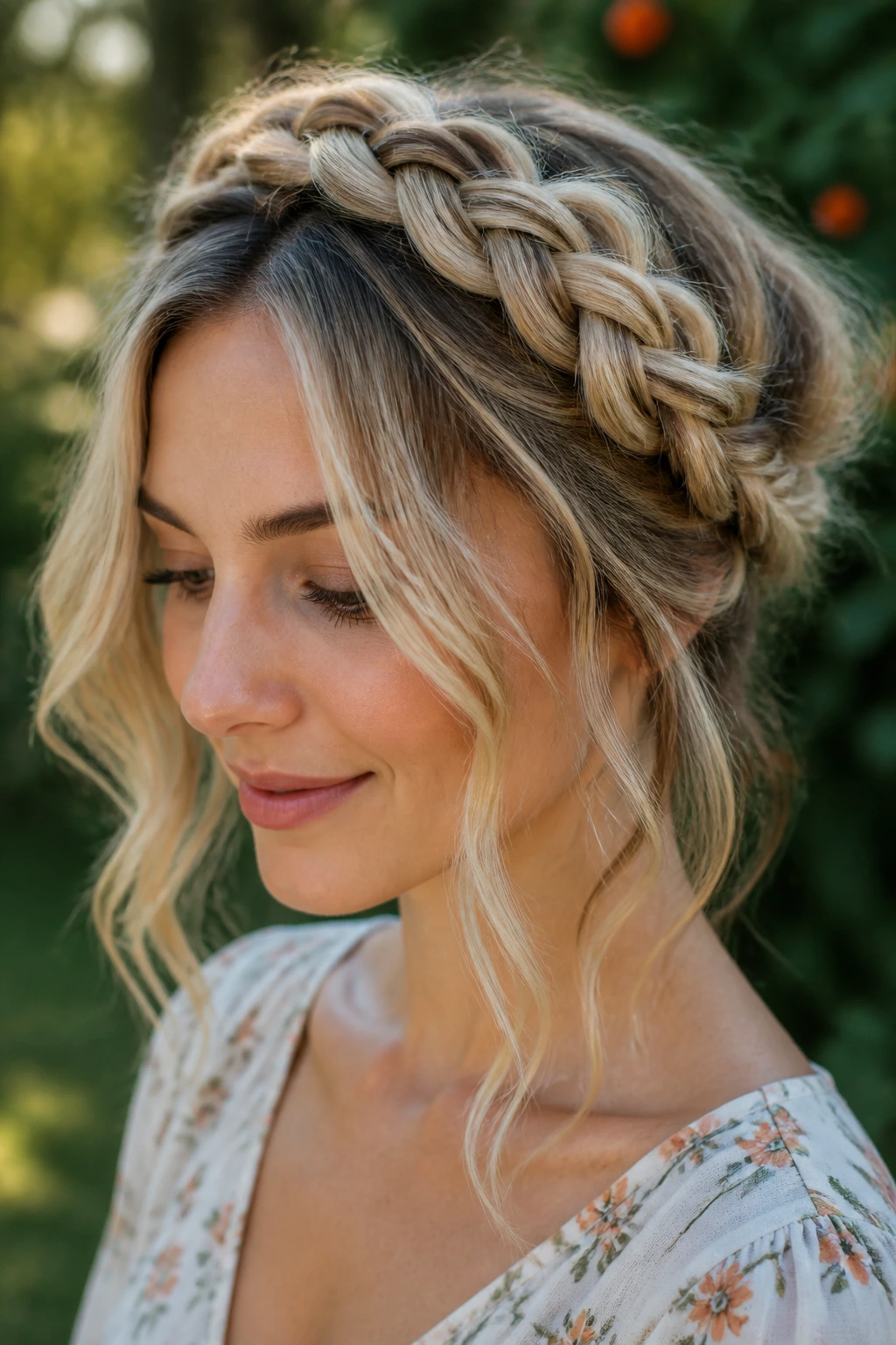 Close-up portrait of a real person with a full halo braid and soft waves.