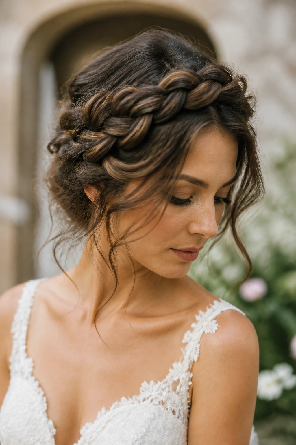 Bride with braided halo and undone ends