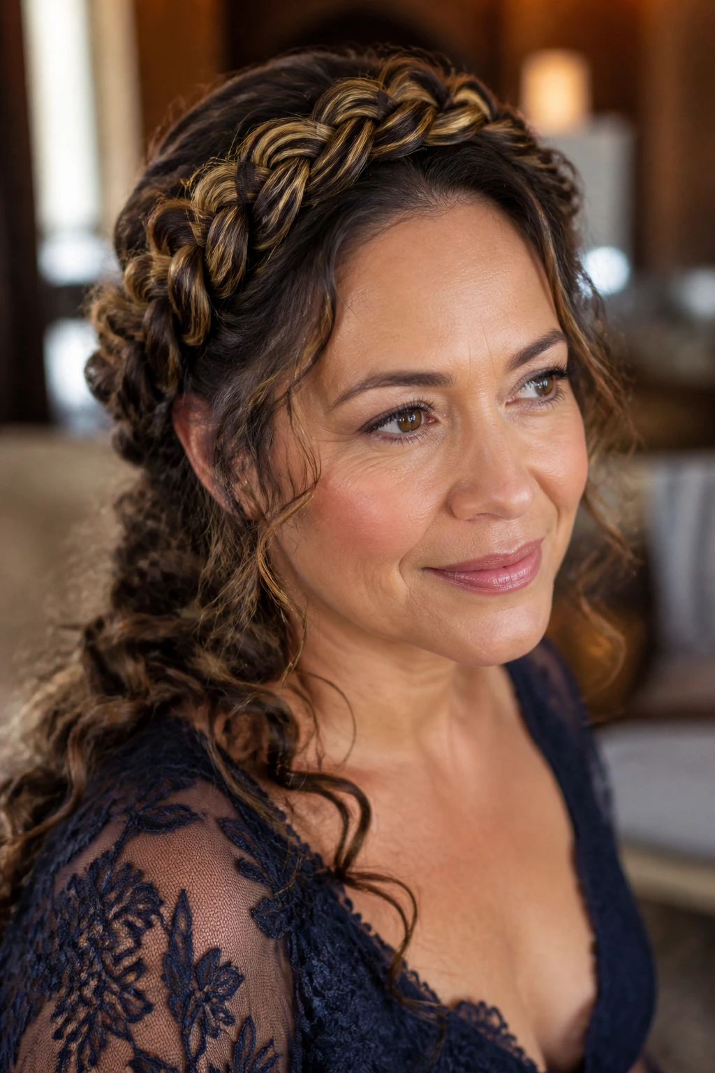 Close-up of a real woman with a braided halo hairstyle and loose curls