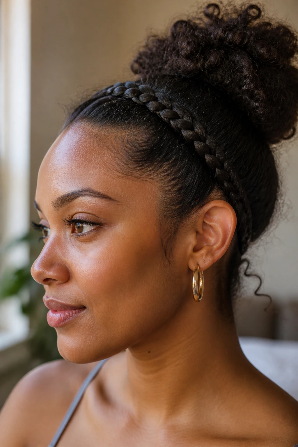 Close-up of braided headband tucked behind the ear on a real person