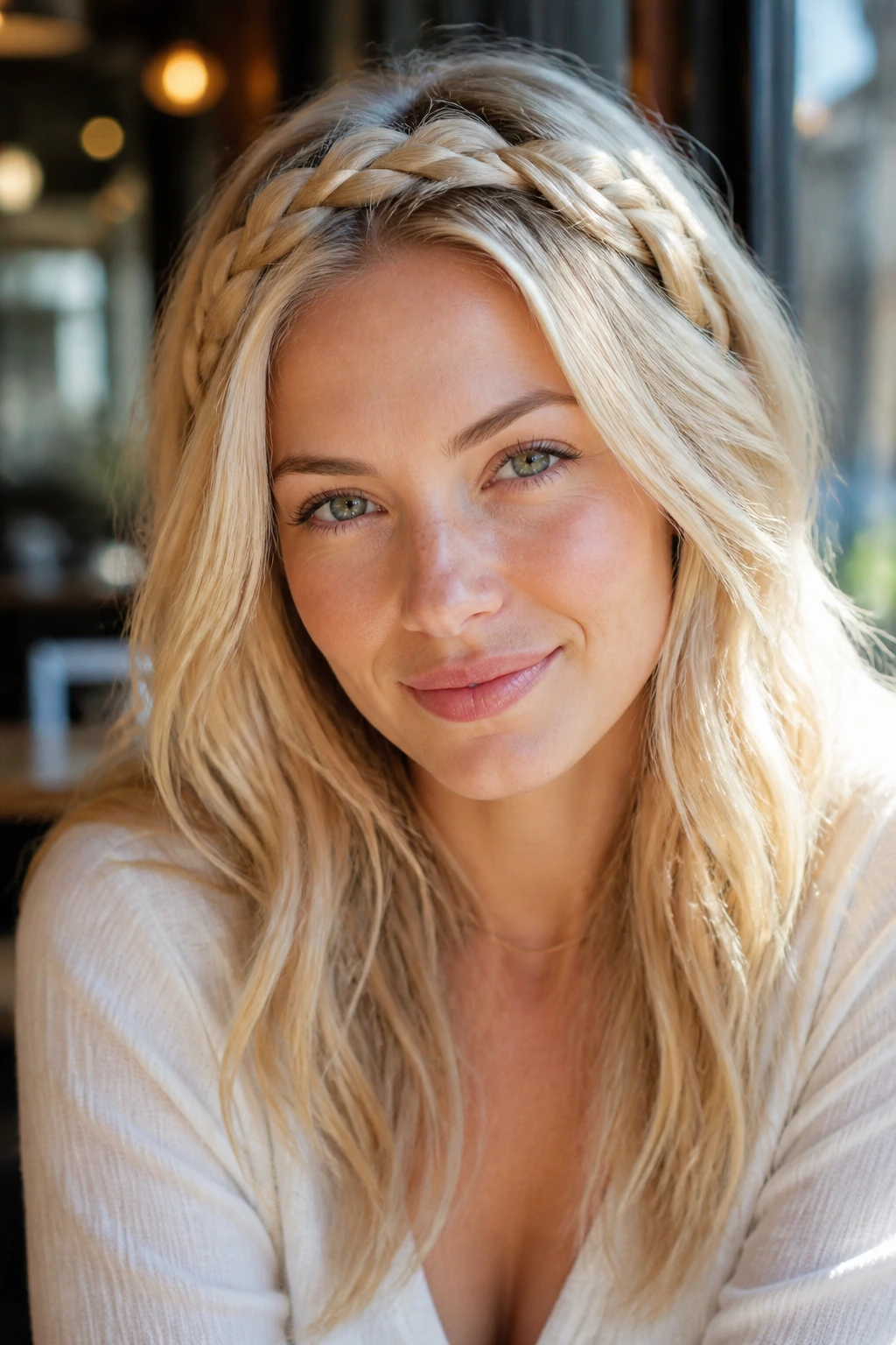 Portrait of woman with braided headband across layered blonde hair