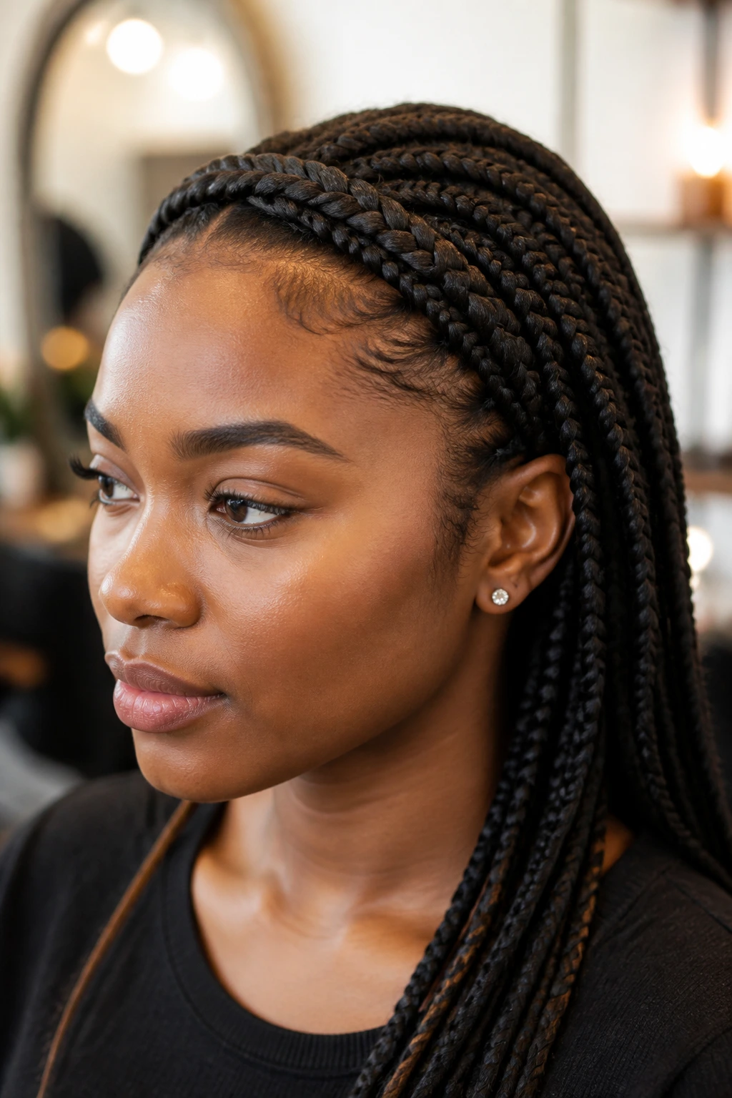 Close-up portrait of a real person wearing a braided headband over box braids