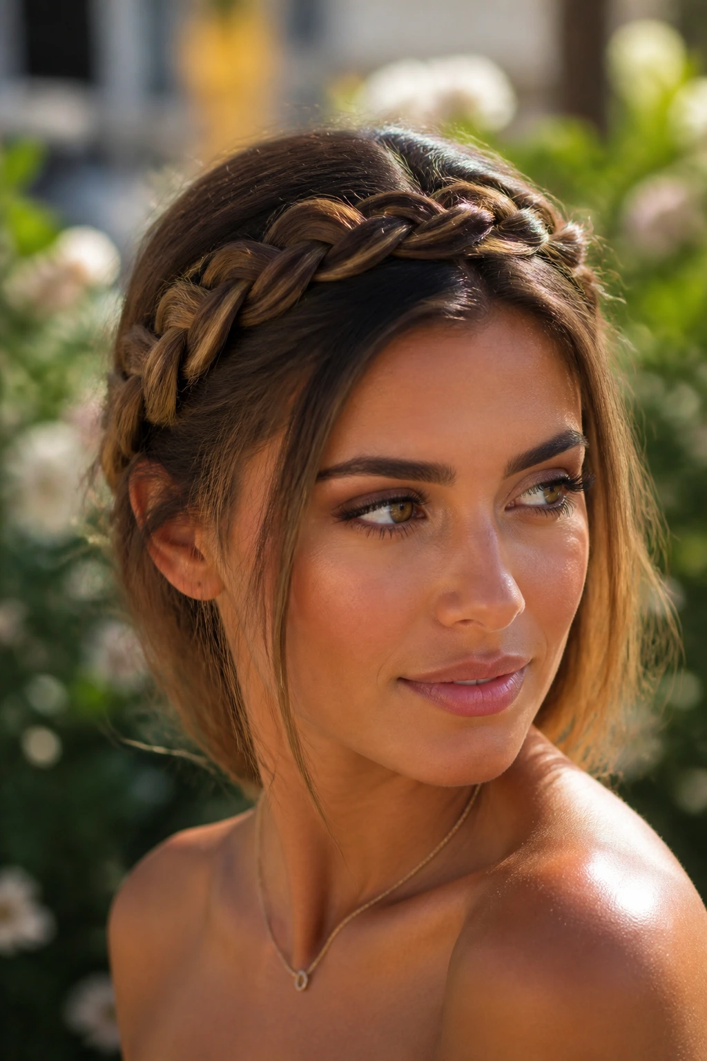 Real woman with braided headband accent in brunette hair outdoors.