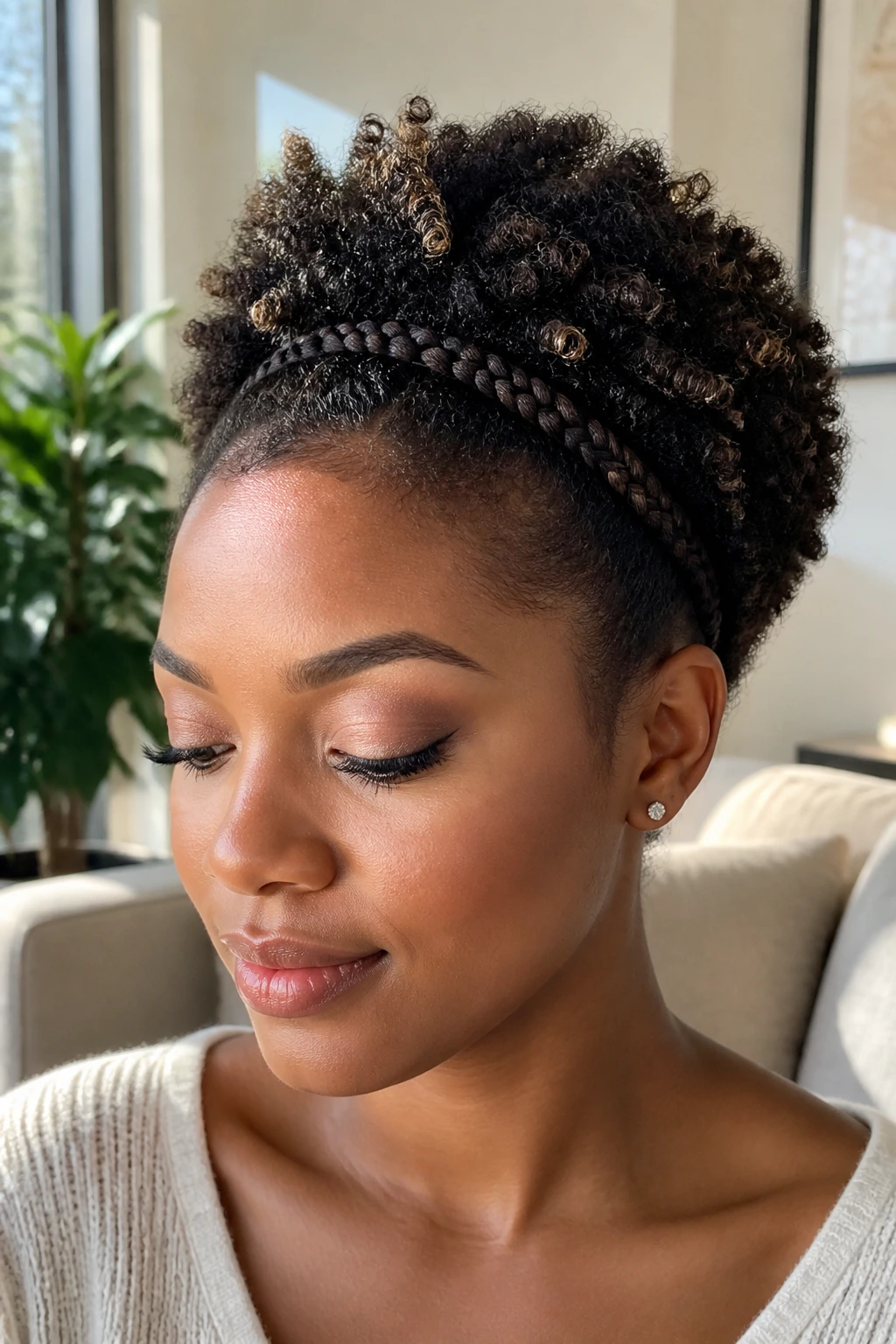 Close-up of a real woman wearing a braided headband over a coily puff