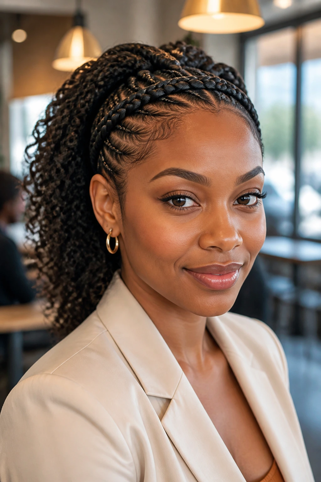 Close-up of braided headband cornrows with open curls on a real person