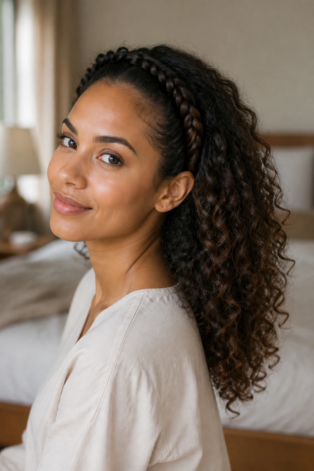 Close-up of a real woman wearing a braided headband with free curls in soft window light