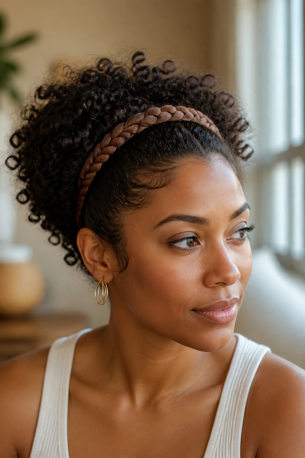 Close-up of a real woman with a braided headband on curly hair.