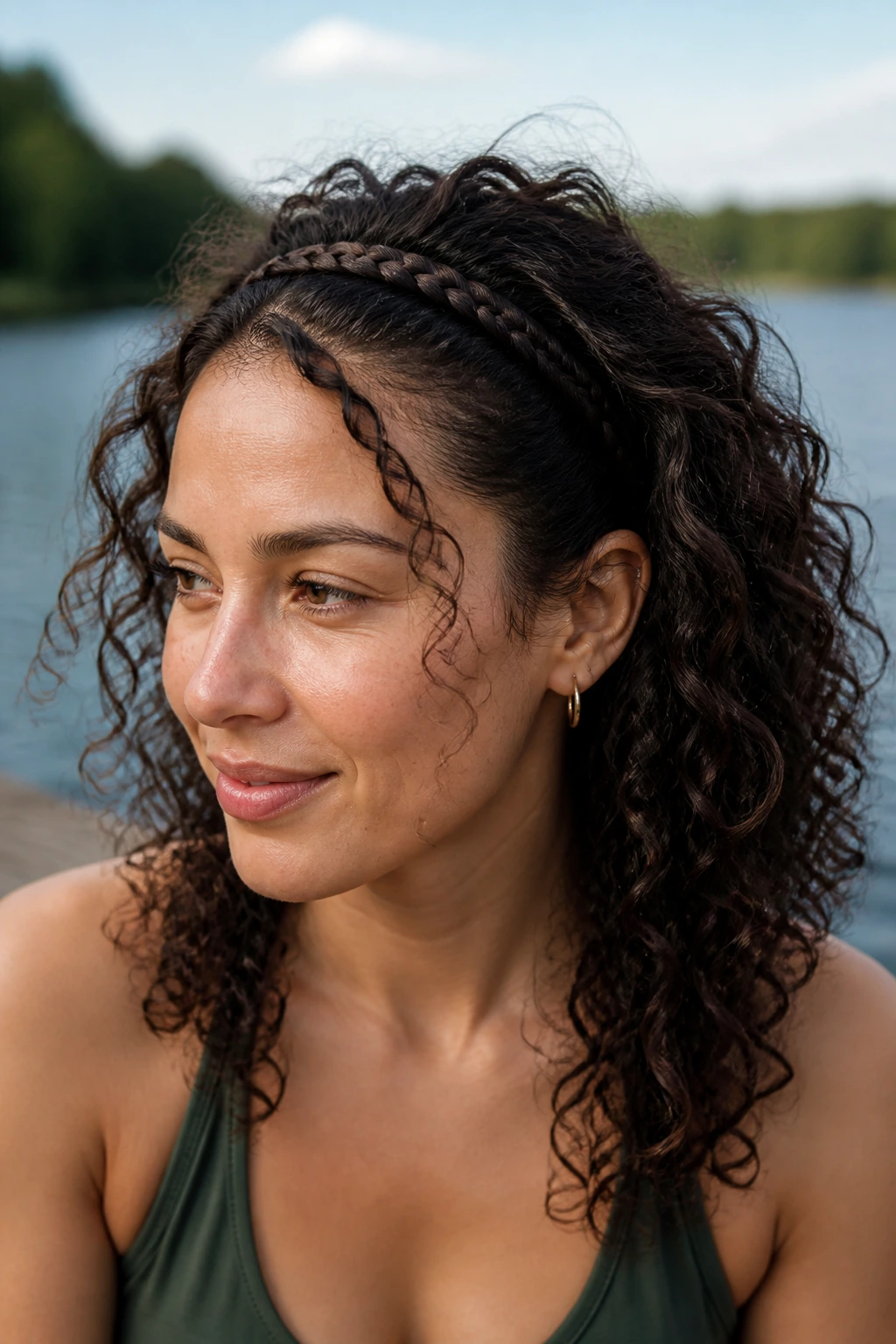Close-up of a woman wearing a braided headband over defined curls by the lake